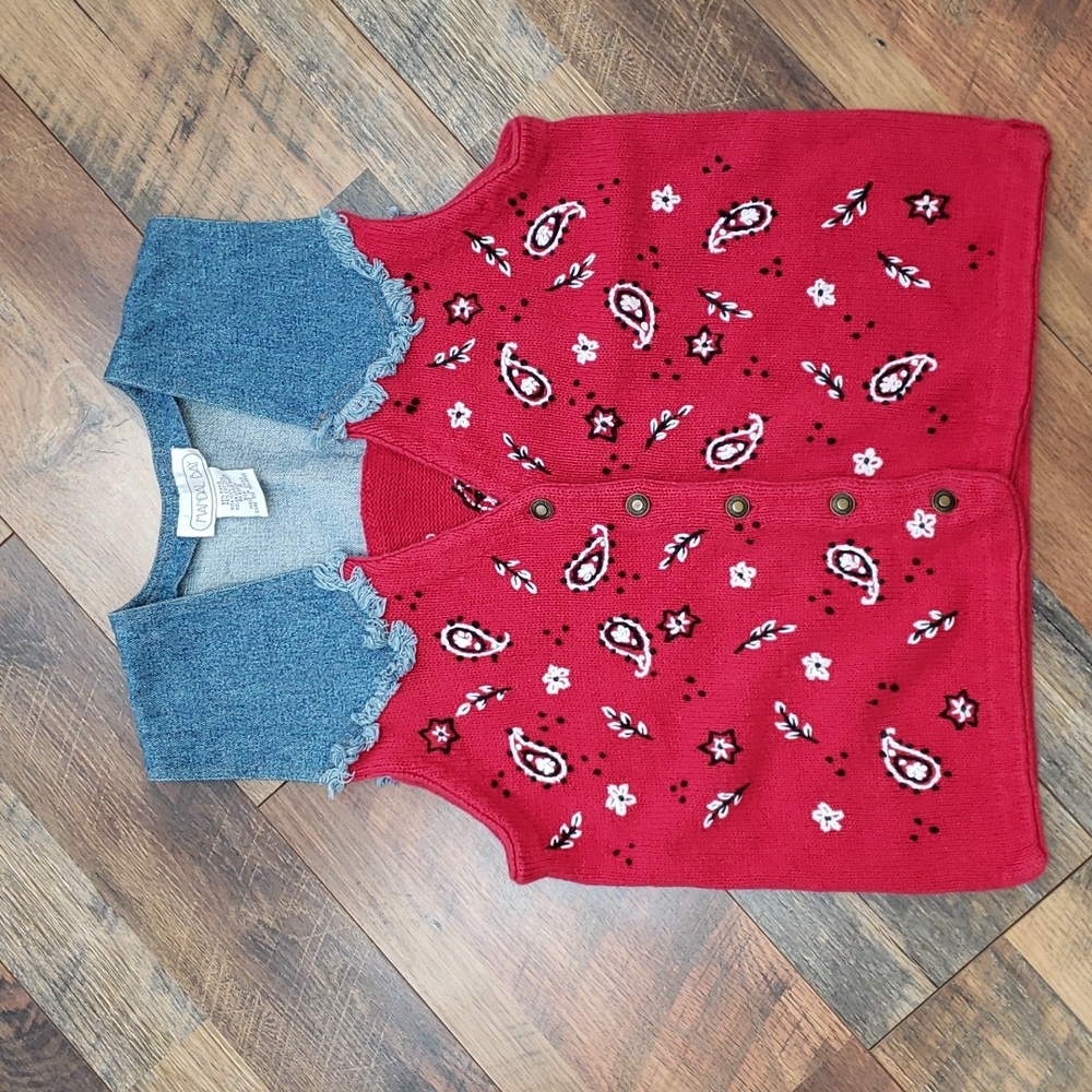 Vintage Mandal Bay Blue and Red Western Knit Vest, Size Small